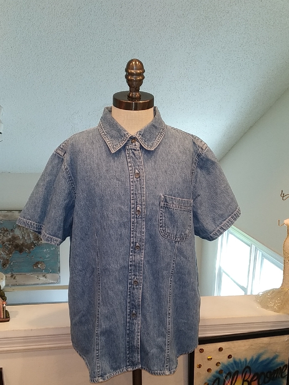 Faded Glory Light Blue Short-Sleeve Denim Button-Down Shirt